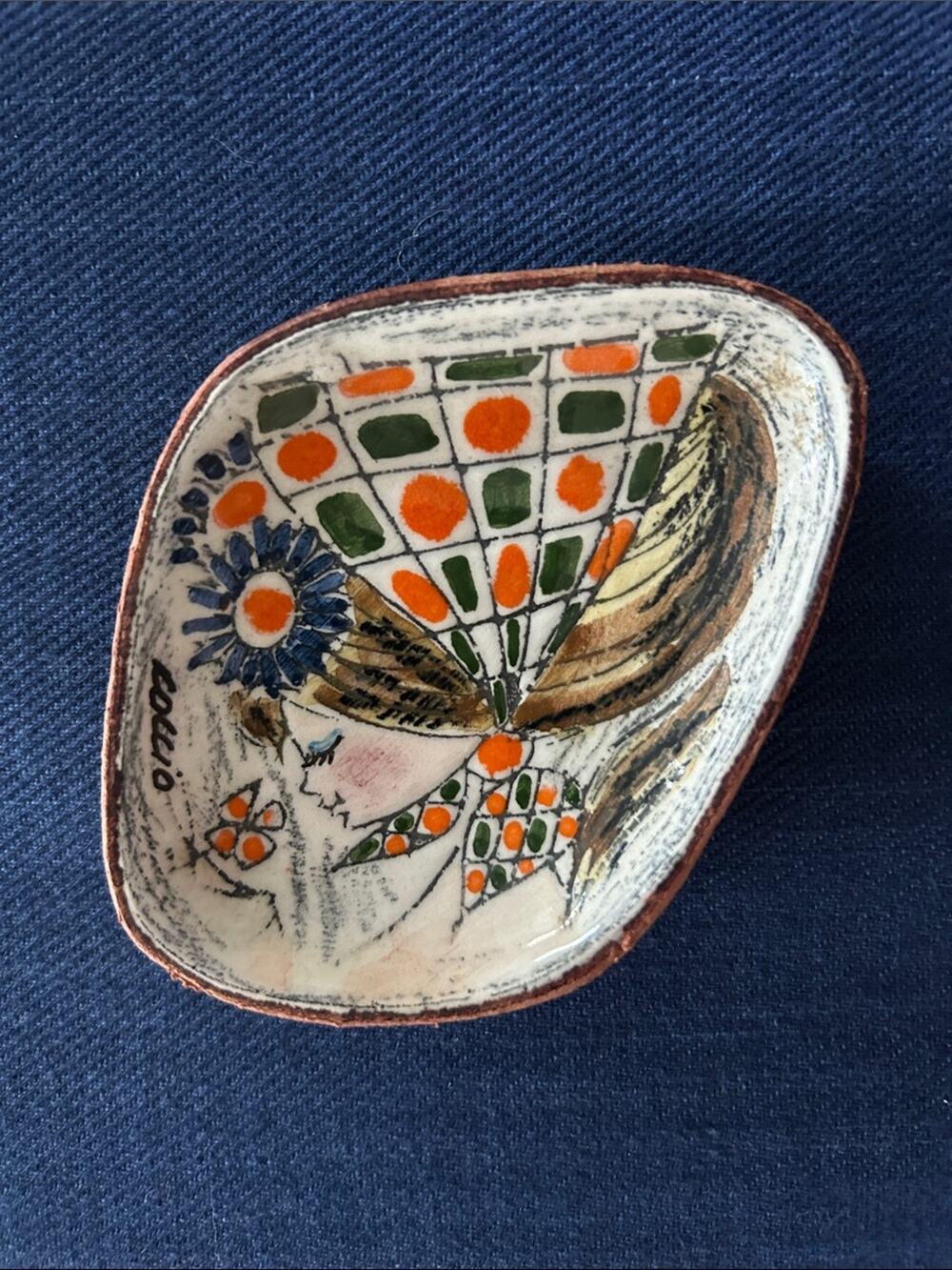 Vintage Italian Coccio Ceramic Trinket Dish, Shows Stylish Girl in Scarf, Signed